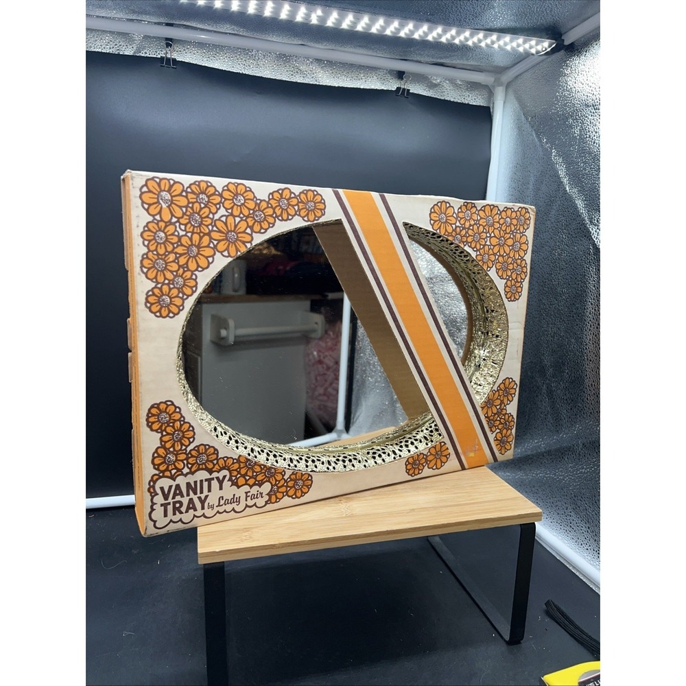 VTG Dresser Tray Mirror Gold-tone Filigree Vanity Lady Fair New In Box 13"x9"